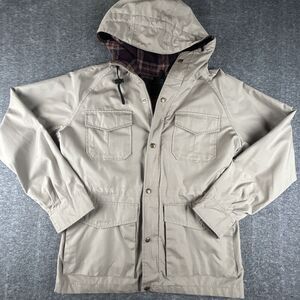 Eddie Bauer Jacket Mens Sz M Beige Hooded Parka Wool Lined Chore Coat Full Zip